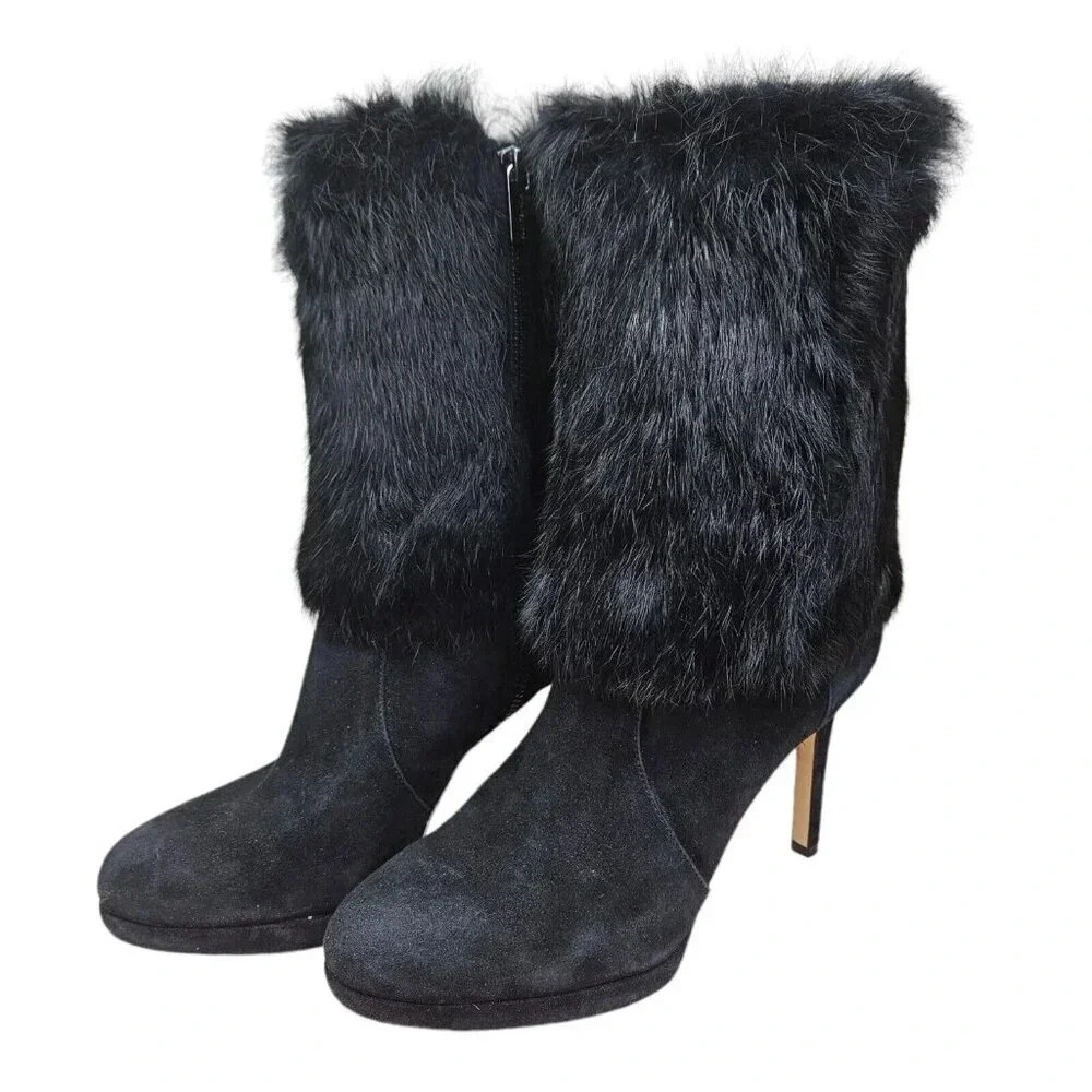 Michael Kors Black Faye Bootie Genuine Rabbit Fur and Suede Stilleto Size‎ 8.5 M